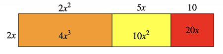 The model shows a rectangle divided into three uneven sections.  The length on the side is 2x. The width for the first section is 2x squared. Inside that part is labeled 4x cubed. The width on the second section is 5x. Inside that part is labeled 10x squared. The width on the third section is 10. Inside that part is labeled 20x.